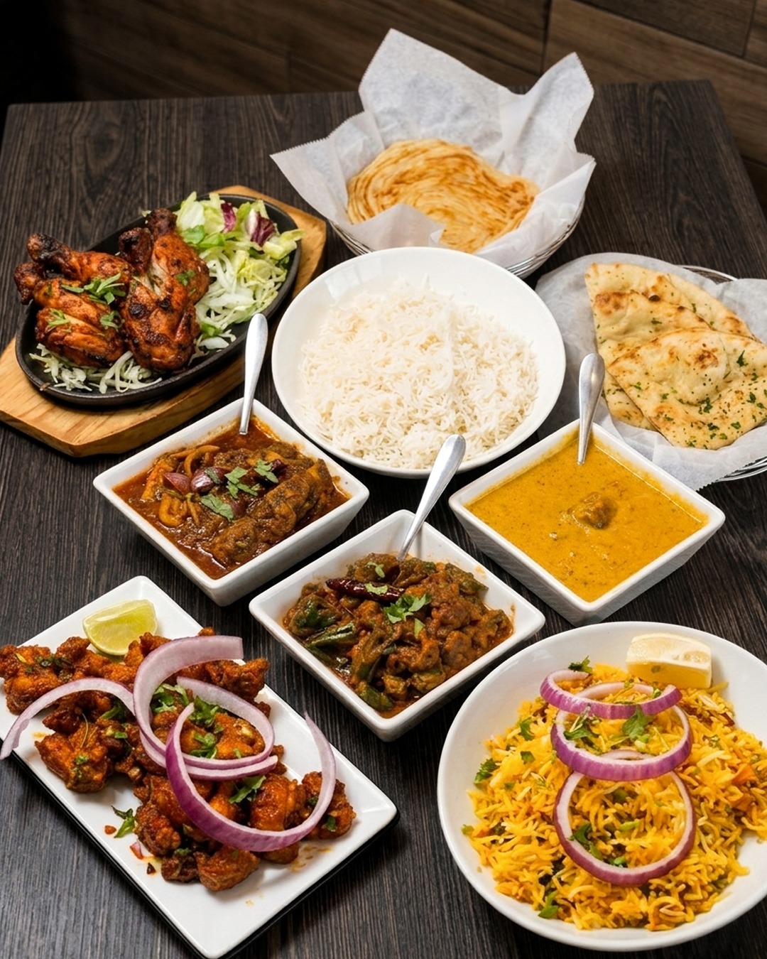 Curry • Appetizer • Dal • Yogurt • Salad • Pickle • Rice • Naan • Dessert